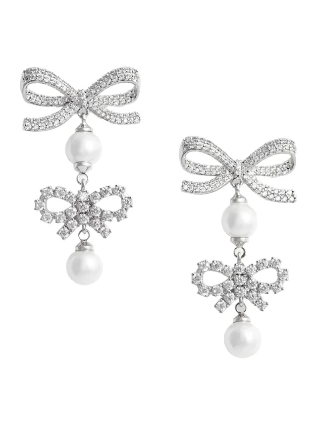Double Bow Earrings with All-Over Crystal Decoration in Silver-Colored Copper for Women, image 1 of 1 from Gaudenzi Boutique