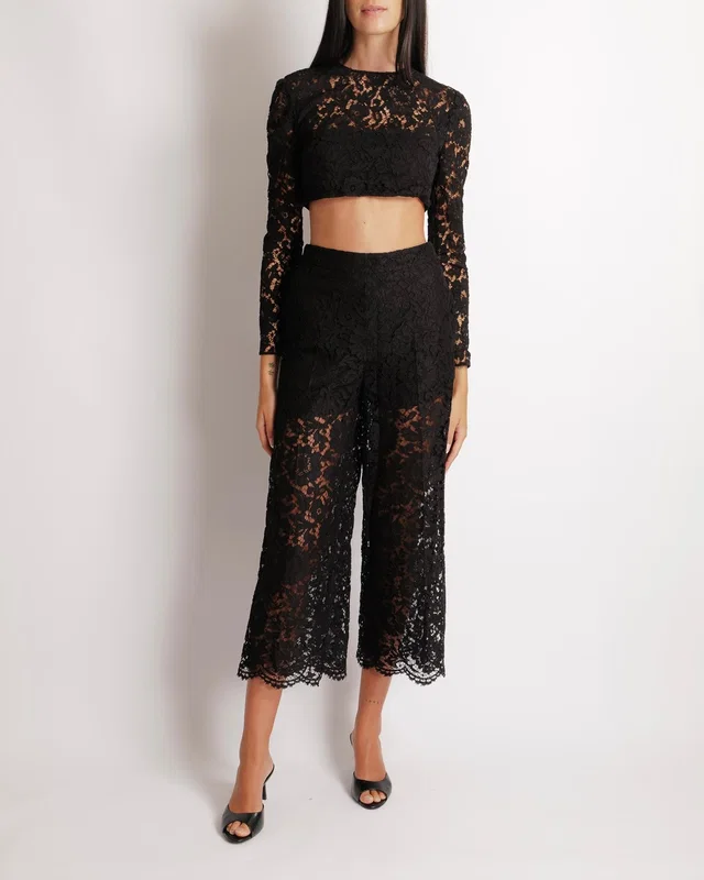 Valentino Garavani Black Lace Long-Sleeved Crop Top and Wide Trousers Set Size 40 (UK 8) in Black Silk from Sellier