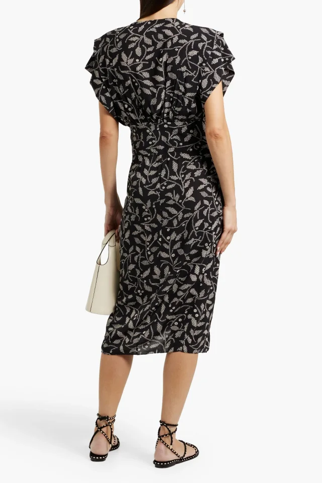 Marant Étoile Almeya Pleated Printed Crepe Midi Dress in Black, photo 3 of 4 from THE OUTNET