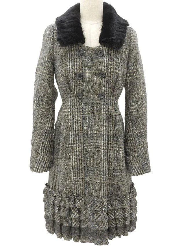 Louis Vuitton Tweed Frill Design Long Coat #36 Gray/Multi in Grey Tweed from VINTAGE QOO TOKYO