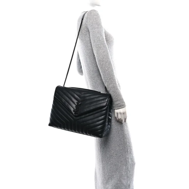 Saint Laurent Y Quilted Monogram Monochrome Large Loulou Chain Satchel Black in Black Calfskin from FASHIONPHILE, photo 2 of 15