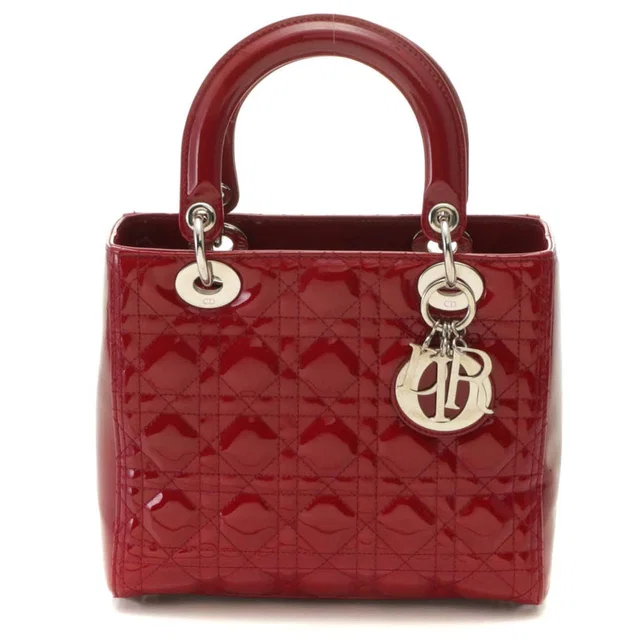 Cannage Lady Dior Handbag Medium Patent Leather Red Silver Plate in Red Patent leather from The Reluxe