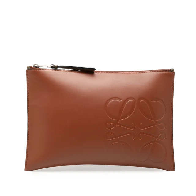 Brown LOEWE Leather Anagram Flat Pouch Clutch Bag in Brown Leather from Designer Revival