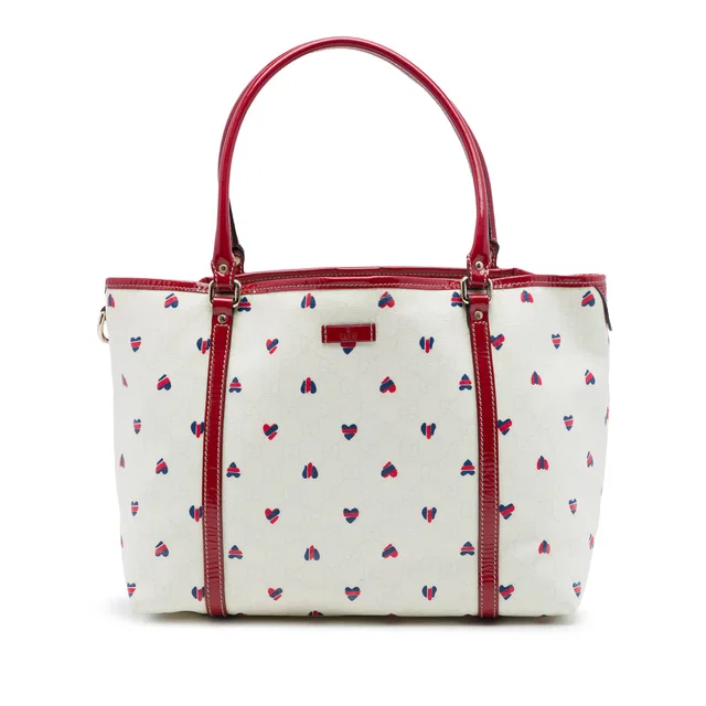 White Gucci Medium GG Supreme Hearts Joy Tote in White Patent leather from Designer Revival
