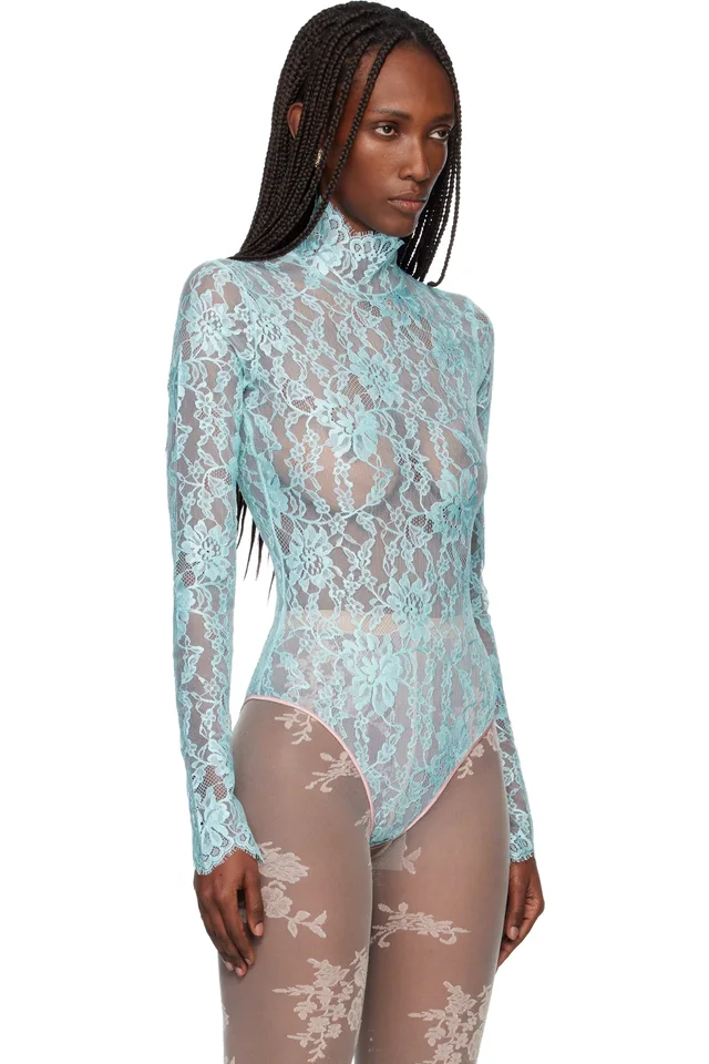 Valentino Blue Floral Lace Bodysuit, photo 2 of 4 from SSENSE