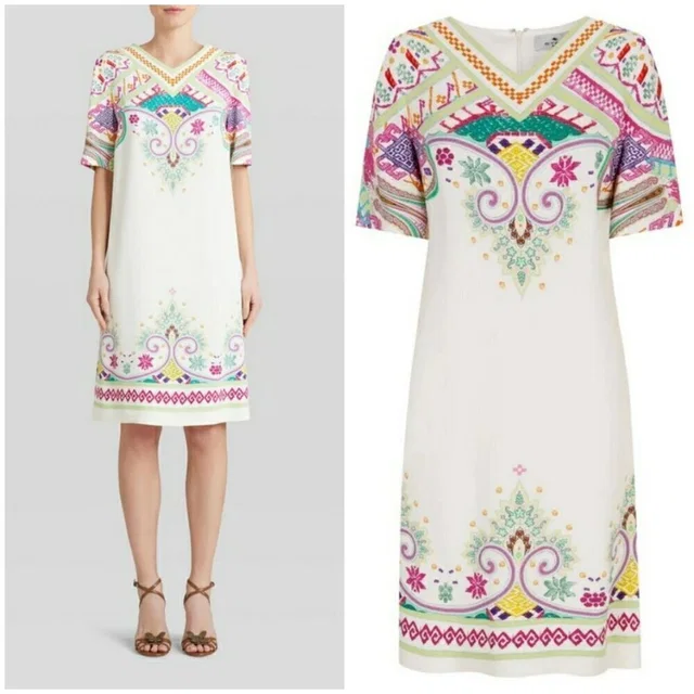 Etro Tavolara Printed V-Neck Shift Dress ~ Multi-Color Paisley Print 48 Eu in white from Poshmark