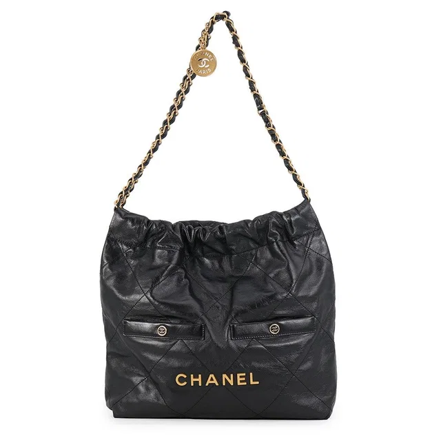 Handbag Quilted Chanel 22 Double Pocket Small Calfskin Black in Black Calfskin from The Reluxe