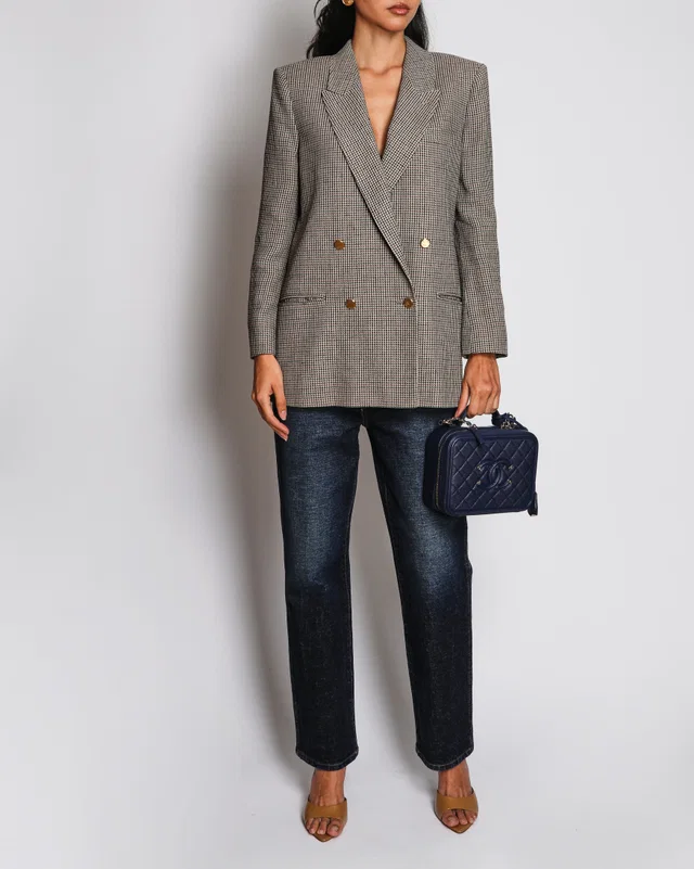 Gucci Brown, Beige and Navy Wool Checkered Double Breasted Blazer Jacket with Gold Buttons Size IT… in Brown Wool from Sellier