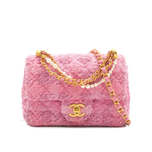 Chanel Mini Matelasse Faux Pearl Chain Shoulder Bag Pink Tweed Gold Hardware in Pink Tweed from Luxury Promise