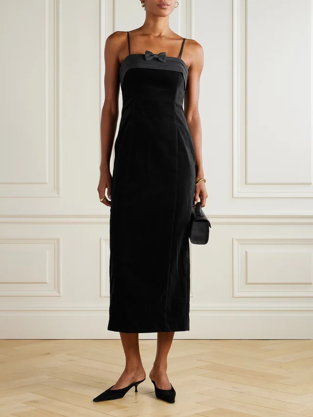 POSSE Quincy pleated bow-detailed satin-trimmed cotton-velvet midi dress in Black, photo 2 of 2 from NET-A-PORTER (Canada)