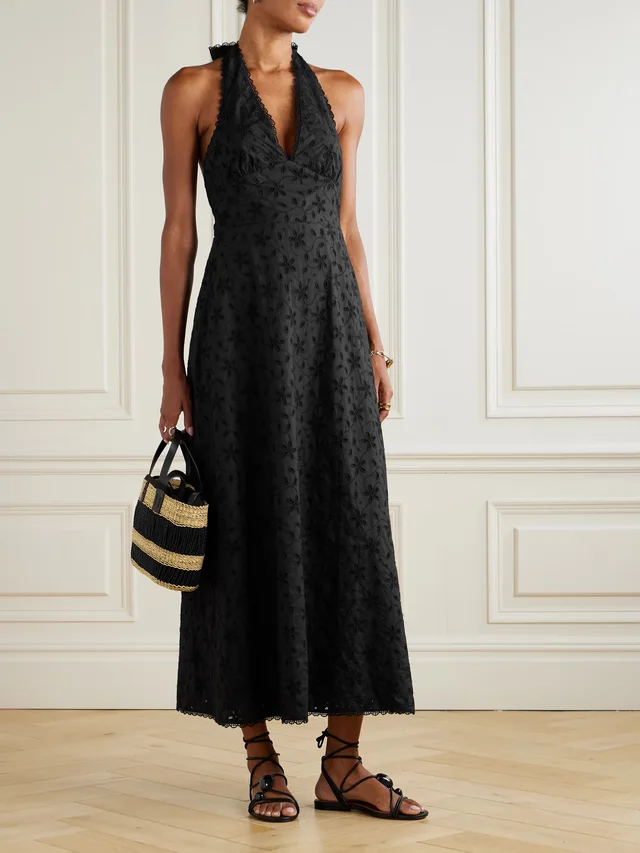 POSSE Salma broderie anglaise cotton halterneck midi dress in Black, photo 2 of 2 from NET-A-PORTER (Canada)
