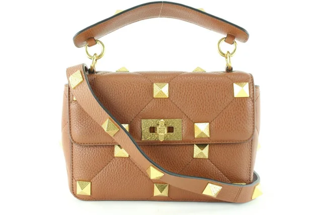 Valentino Garavani Caramel Brown Roma Stud 2way Crossbody Hammered GHW in Brown from Bagriculture