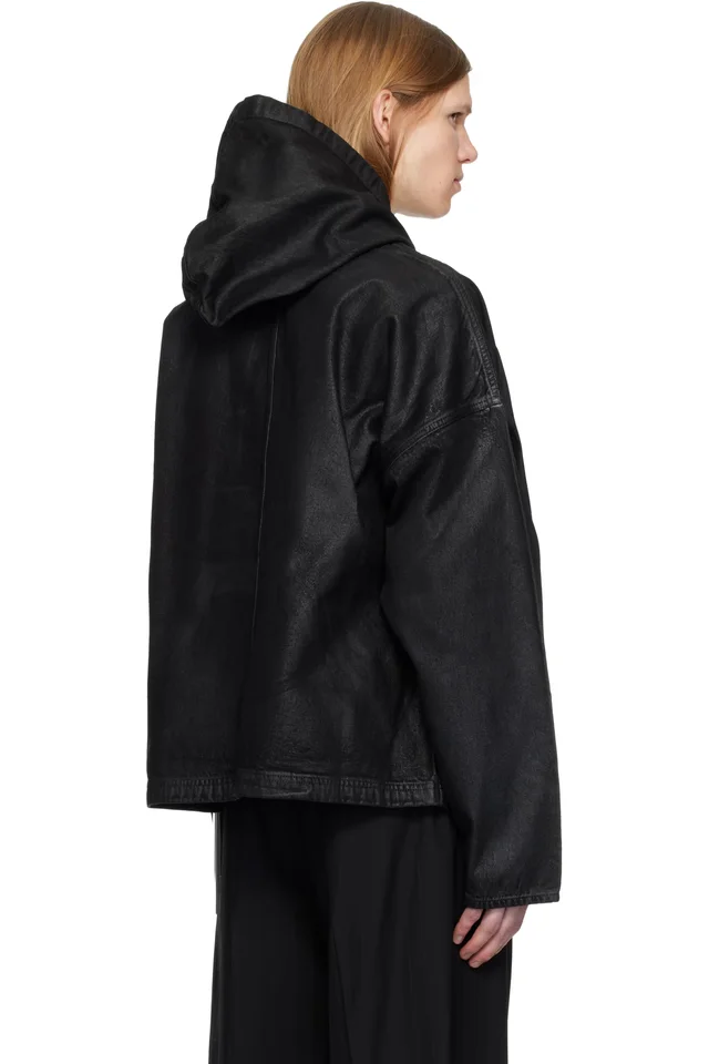 DET BLEV SENT Black Waxed Denim Hoodie, photo 3 of 4 from SSENSE