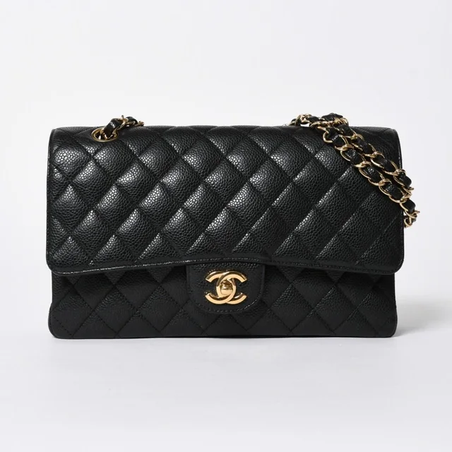 Chanel Quilted 25 Double Flap Chain Shoulder Bag CC Logo Caviar Leather Black in Black Caviar leather from The Reluxe