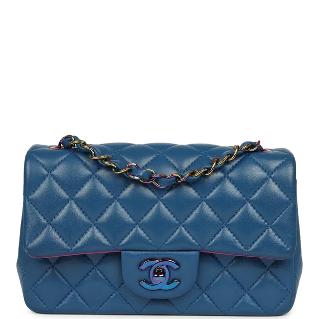Chanel Mini Rectangular Flap Bag Blue, Purple Lambskin Rainbow Hardware in Blue Lambskin from Madison Avenue Couture