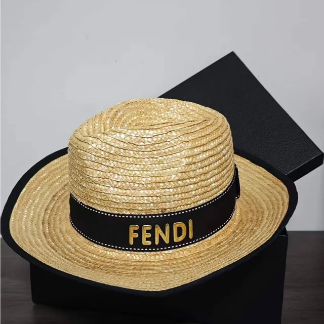 Fendi Woven Straw Boater Hat With Gold Logo Lettering in black|brown|neutral Woven leather from Poshmark