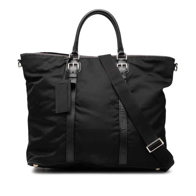 Black Prada Saffiano Trimmed Tessuto Open Convertible Tote Satchel in Black Saffiano leather from Designer Revival