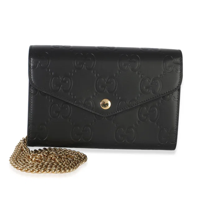 Gucci Black Calfskin GG Debossed Chain Wallet in Black Calfskin from myGemma