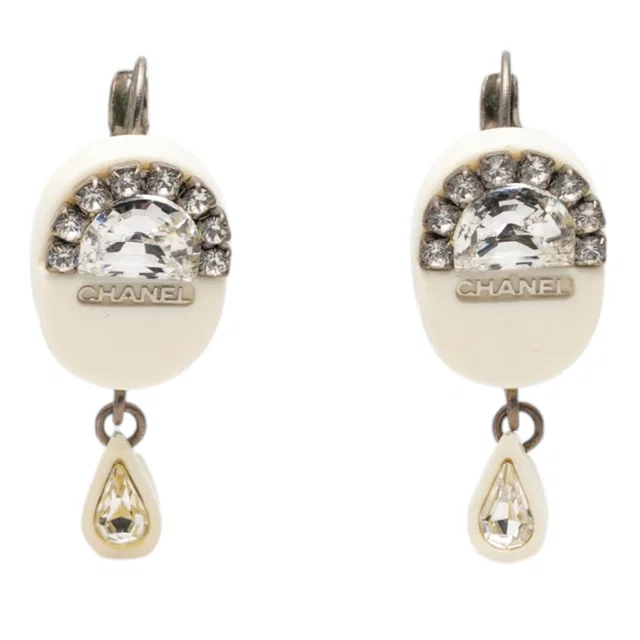 White Chanel Resin Strass Rain Drop Clip On Earrings in White Resin from Designer Revival