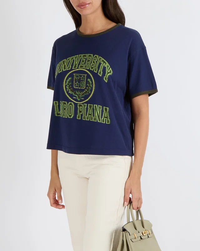 Loro Piana Navy Blue University Printed Cotton T-Shirt Size S (UK 8) in Navy from Sellier
