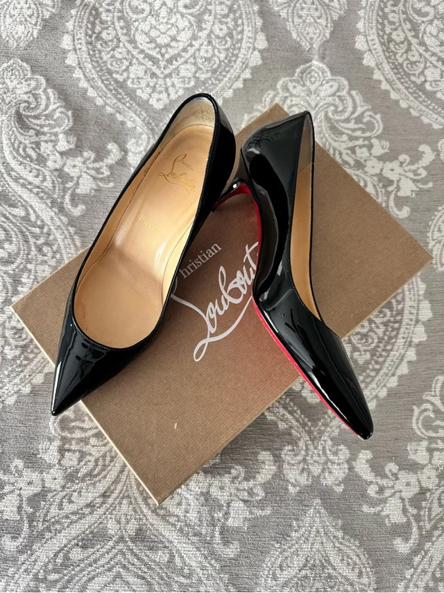 Christian Louboutin Black Patent Leather Pointed Toe Pumps With Kitten Heel 38 in black|red Patent leather from Poshmark