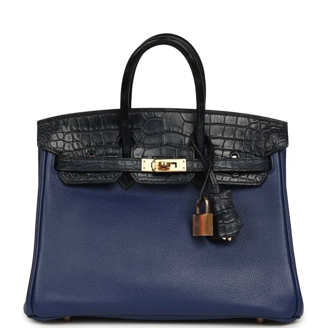 Hermès Birkin 25 Bleu Saphir Taurillion Novillo and Bleu Marine Matte Alligator Touch Rose Gold… in Navy Crocodile from Madison Avenue Couture