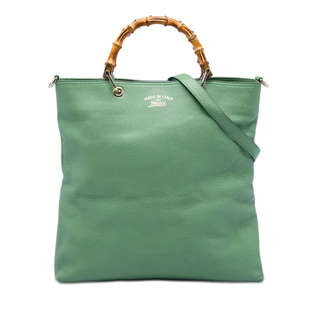 Green Gucci Tall Calfskin Bamboo Shopper Tote Satchel in Green Calfskin from Designer Revival