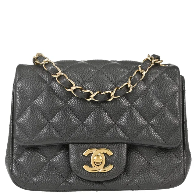 Chanel 2018 Gray Caviar Skin Mini Classic Square Flap Shoulder Bag 17 in Grey Caviar leather from AMORE Vintage Tokyo