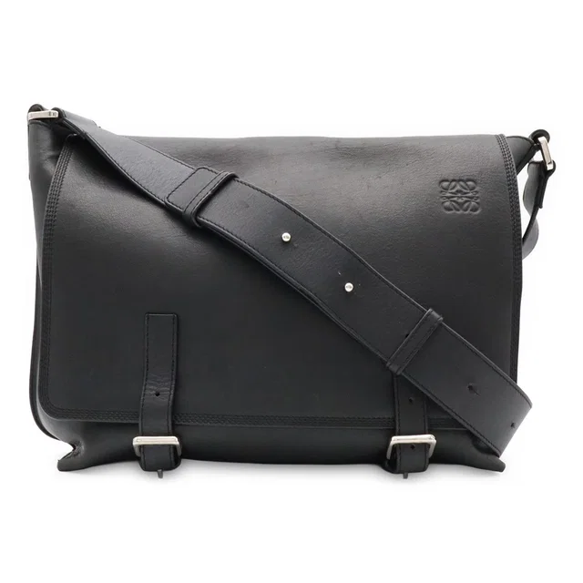 Loewe Anagram Military Messenger Bag Canvas Leather Black Silver in Black Canvas from The Reluxe