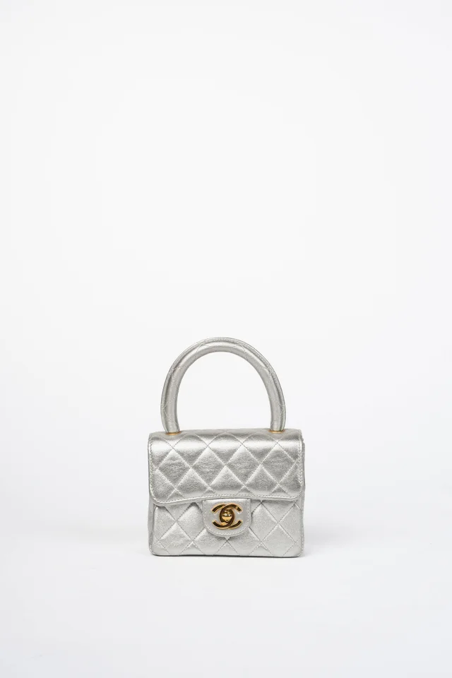 Chanel Vintage Silver Lambskin Leather Mini Top Handle Bag in Silver Lambskin from Break Archive