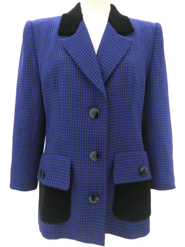 Givenchy Houndstooth Pattern Logo Button Jacket #10 Blue in Blue Wool from VINTAGE QOO TOKYO