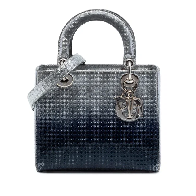 Silver Dior Medium Ombre Metallic Patent Microcannage Lady Dior Satchel in Silver Patent leather from Designer Revival