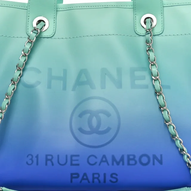 Chanel Shaded Calfskin Small Deauville Tote Light Green Turquoise Purple in Blue Calfskin from FASHIONPHILE, photo 8 of 11