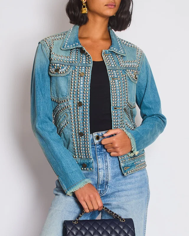 Saint Laurent Blue Denim Jacket with Studs & Crystals Details Size S (UK 8) in Blue Denim from Sellier