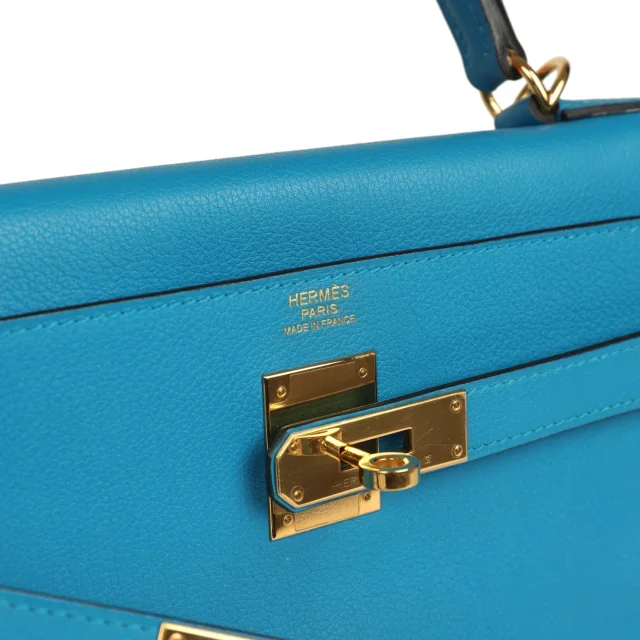 Hermès Kelly Retourne 32 Bleu Zanzibar Evercolor Gold Hardware in Blue Goatskin from Madison Avenue Couture, photo 7 of 9