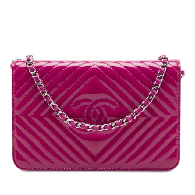 Pink Chanel CC Patent Diamond Quilted Wallet On Chain Crossbody Bag in Pink Patent leather from Designer Revival
