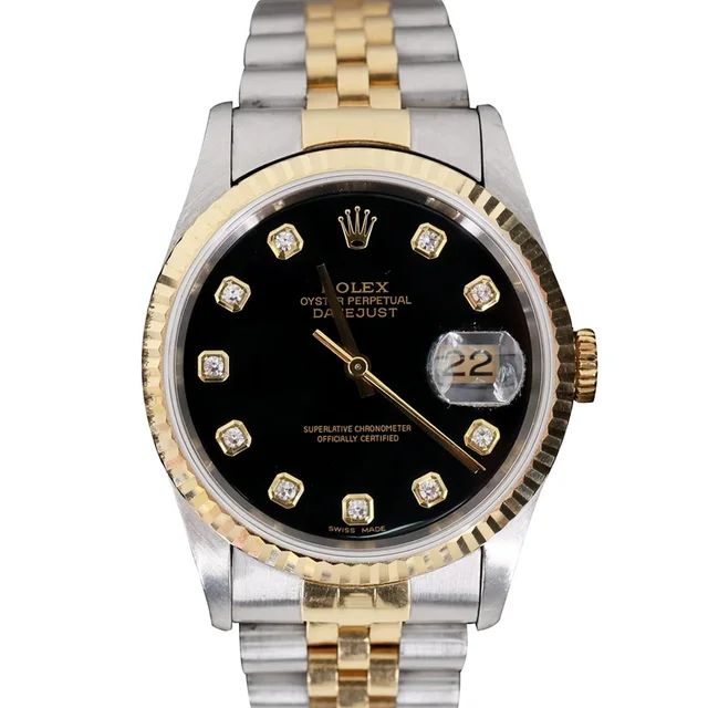 Rolex Datejust 36mm 18k Gold Steel Fluted Bezel Black Diamond Dial Watch 16233 in Black from Dallas Designer Handbags