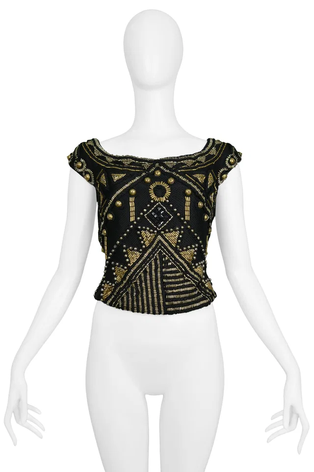 Versace Black & Gold Beaded Top 1990 in Black Woven leather from Resurrection Vintage