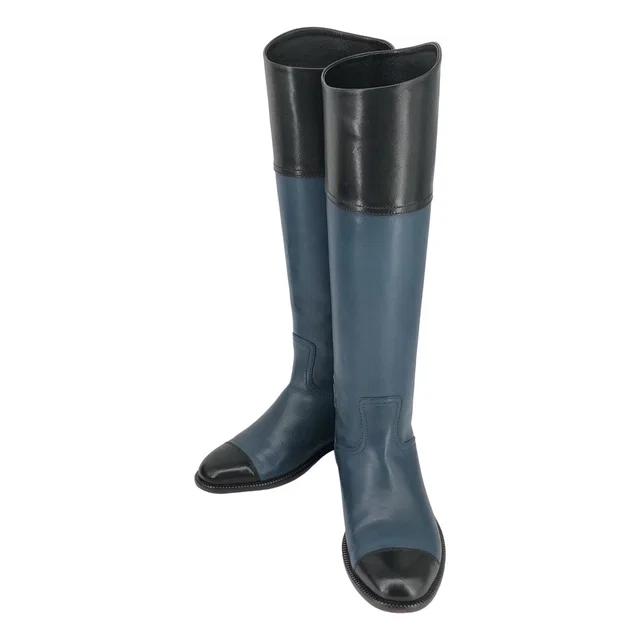 Chanel CC Logo Leather Bicolor Long Boots Navy Black in Black Leather from The Reluxe