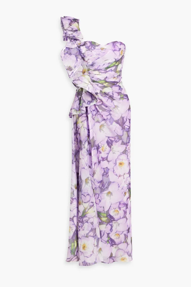 Badgley Mischka One-Shoulder Ruffled Floral-Print Crepon Maxi Dress in Purple from THE OUTNET, photo 1 of 1