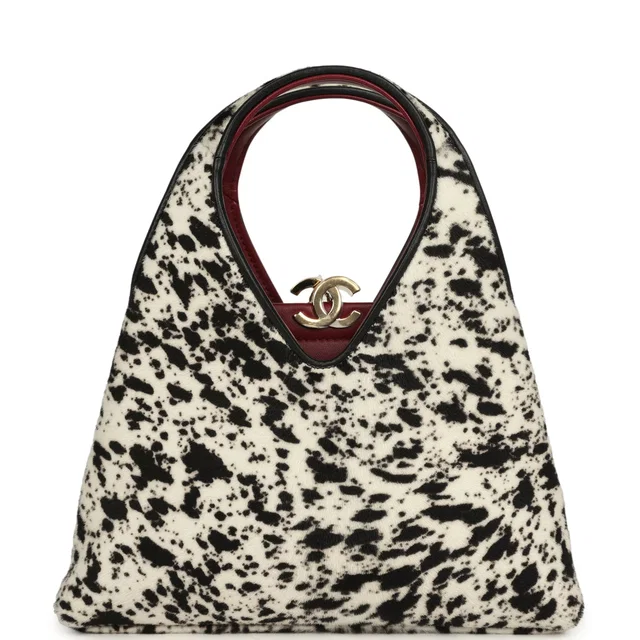 Chanel Small Chic Lady "Dalmatian Print" Shopping Bag Black, White Pony Hair Gold Hardware in Black Calfskin from Madison Avenue Couture