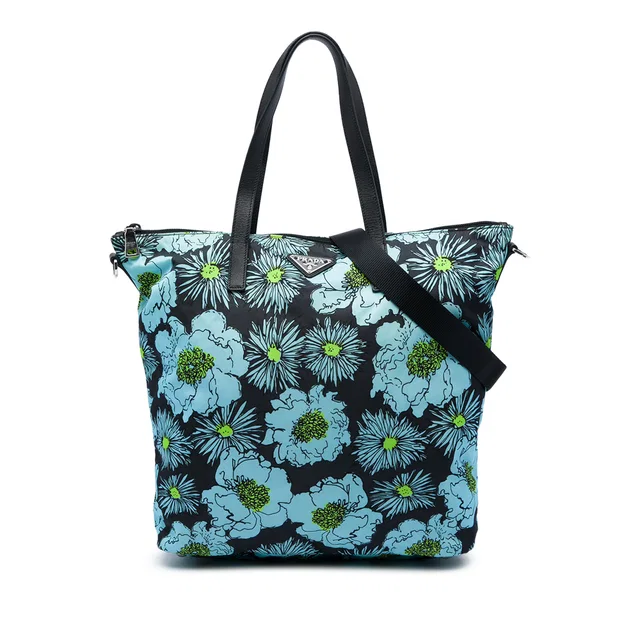 Blue Prada Tessuto Stampato Tote Satchel in Blue Nylon from Designer Revival