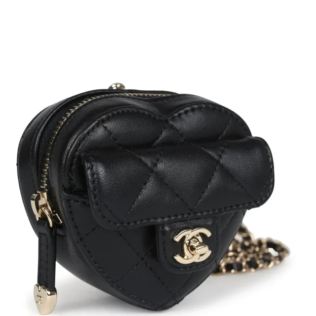 LONDON LOCATED* CHANEL MINI HEART NECKLACE Black Lambskin Leather with Champagne-Toned Metal in Black Lambskin from Luxury Promise, photo 2 of 14