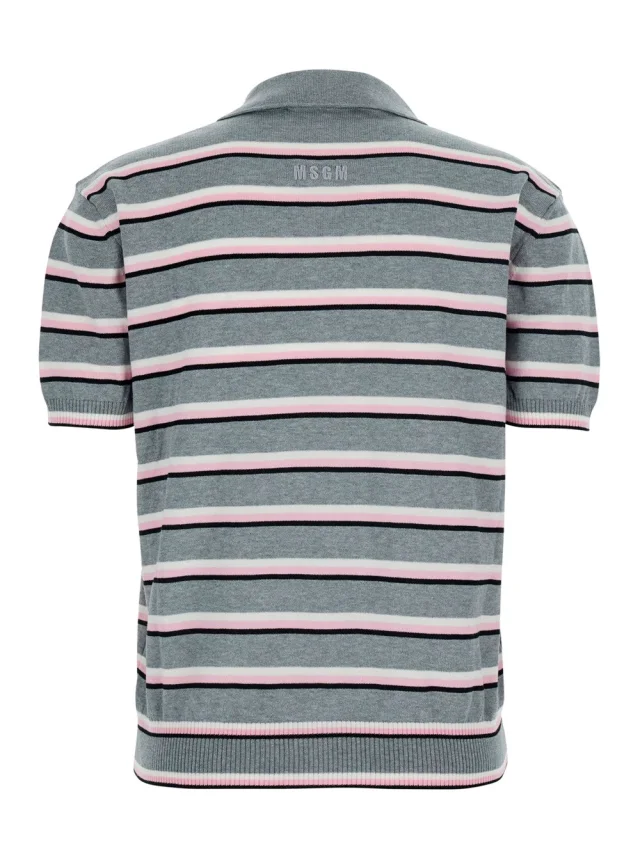 Msgm Grey Polo Shirt with Ribbed Details and All-Over Striped Motif in Cotton for Women in Grey 100% Cotton, photo 3 of 6 from Gaudenzi Boutique