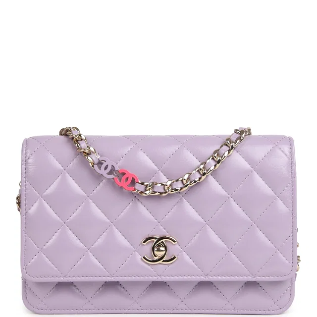 Chanel Wallet On Chain WOC Light Purple Shiny Lambskin Light Gold Hardware in Purple Lambskin from Madison Avenue Couture