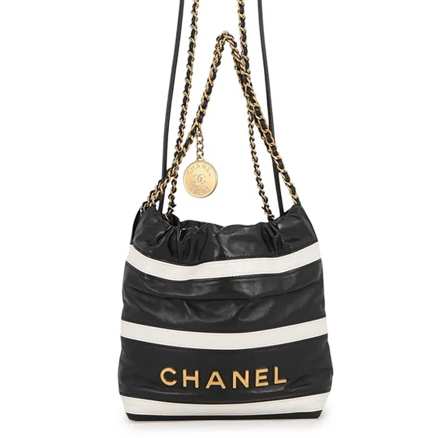 Chanel 22 Mini CC Logo Shiny Calfskin 2-Way Shoulder Bag Black White in Black Calfskin from The Reluxe