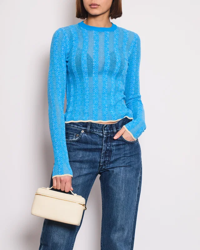 Loewe Blue and White Anagram Long Sleeve Round Top Size M (UK 10) in White from Sellier