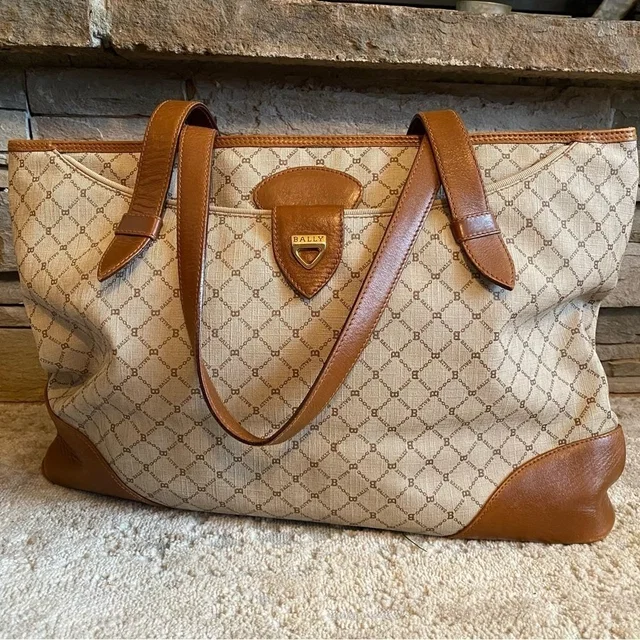 Bally Vintage Rare Monogrammed B Medium Tote Bag Purse Handbag Brown Tan Leather in red|brown|neutral Leather from Poshmark