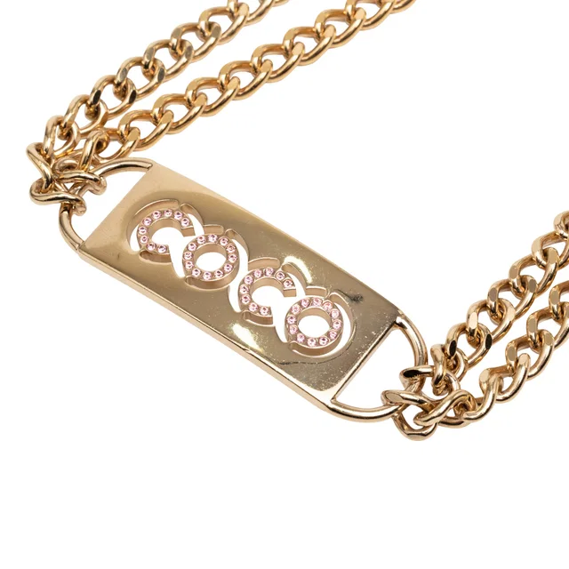 Gold Chanel Gold Plated Strass Coco Plaque Double Chain Belt in Gold from Designer Revival