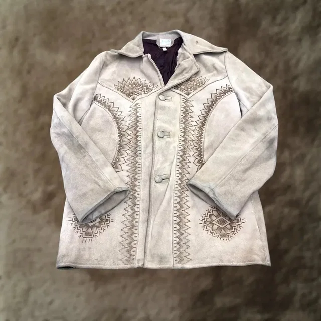 Etro Vintage Retro Jacket Womens 16 Beige Suede Aztec Embroidered 70s Cowgirl 44" Chest in neutral|white Suede from Grailed